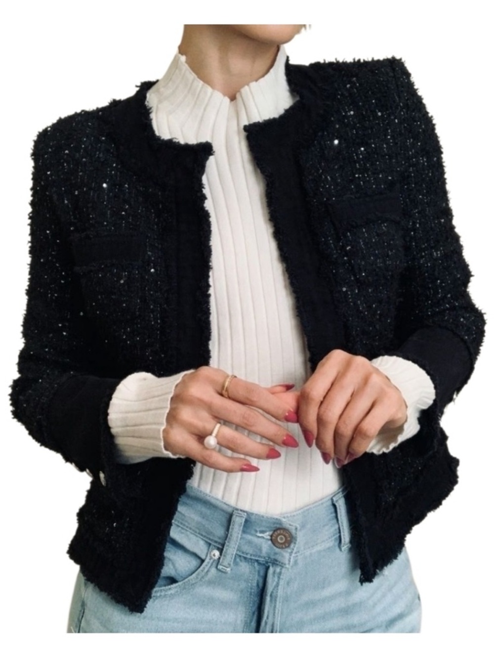 Nanette Lepore Black Frayed Sequined Boucle Tweed Blazer with Denim Trim